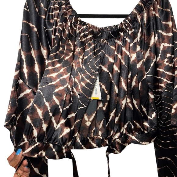 Y2K Boho Off Shoulder Stain Bell Sleeve Chocolate Brown Black Animal Print Large - Picture 8 of 11